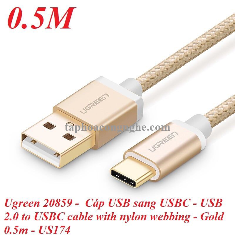 Ugreen 20859 0.5M màu Vàng Dây USB 2.0 sang Type-C đầu nhôm dây bọc vinyl US174 30020859